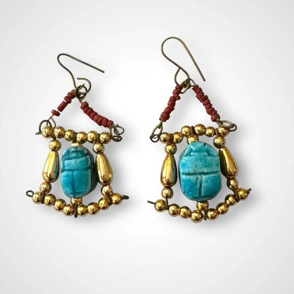 Vintage Multi-Strand Turquoise & Gold Tone Bead Necklace Hanging Scarab Earrings